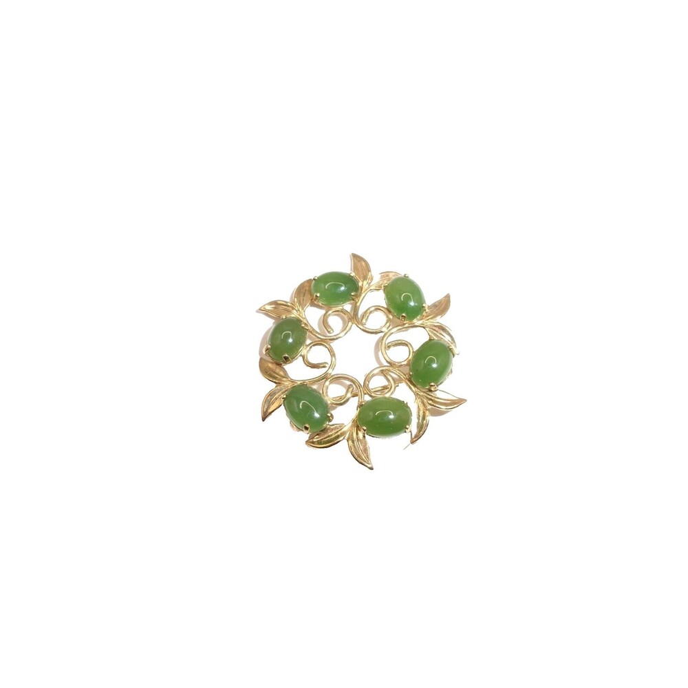 Green Gemstone Circle Pin Brooch w/ Leaves 12K Gold Filled Signed CC? 1.25 inch